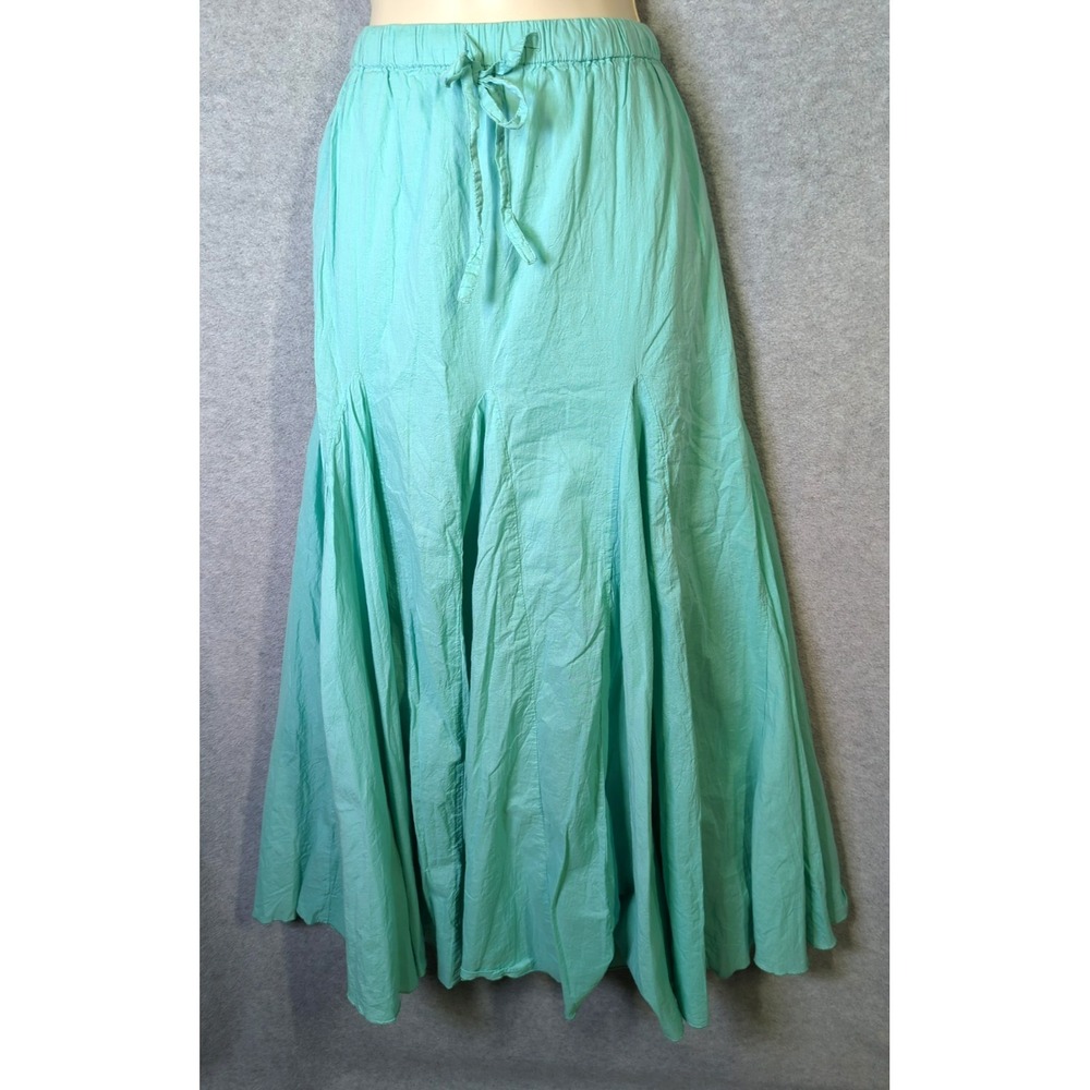 Boho Peasant Maxi Skirt L Blue Cotton Lined Drawstring Waist Festival Prairie